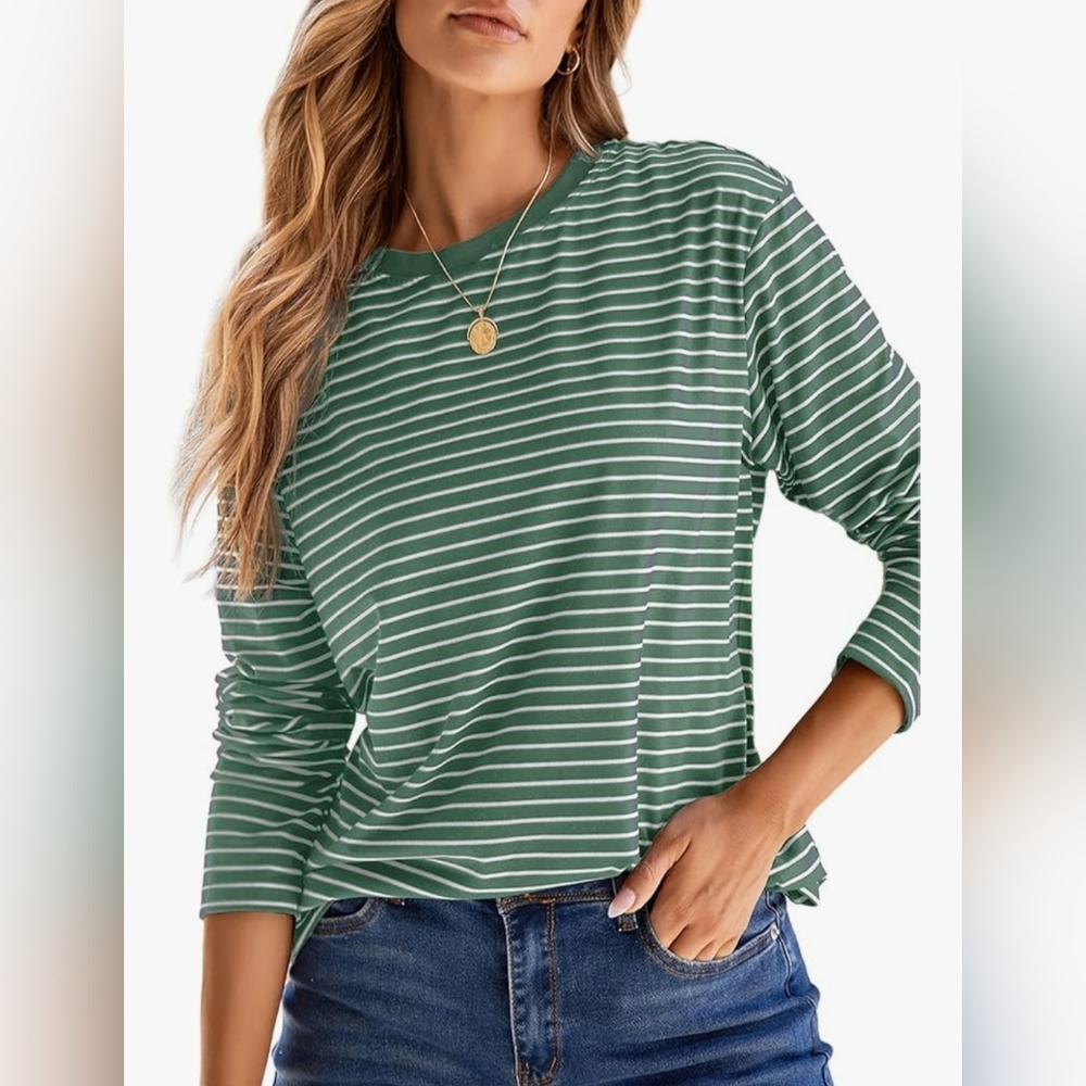 Womens Green And White Striped Long Sleeved Tshirt, Size Large